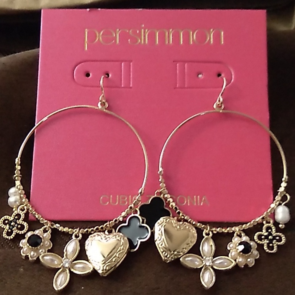 NWT Persimmon Hoop earrings with charms fleur de lis heart pearl